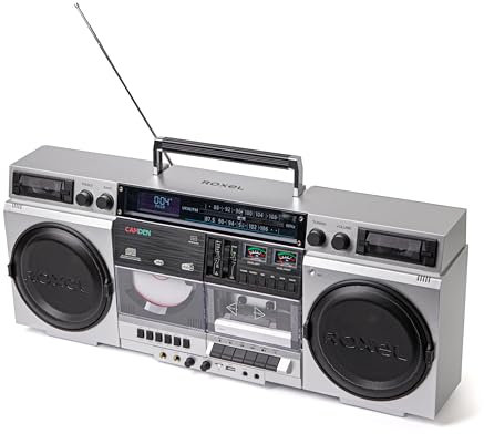 Roxel Camden Retro Cassette CD Player Boombox with DAB/FM Radio, Portable Vintage Player, BT 5.3, USB/TF/SD Playback, Mains Power, Headphone Jack, Vintage Design (Silver)