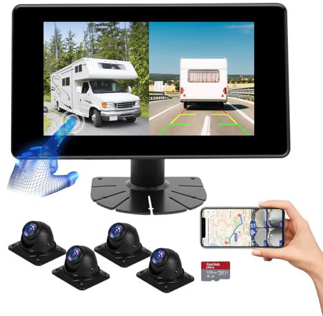 RV Backup Camera System AI 4G WiFi GPS 7 inch Touchscreen Monitor Vehicle Recording with 4 pcs 1080P Rear Side View Waterproof Camera Live View on APP/Web/PC for Camper RV Truck Trailer Tractor Fleet