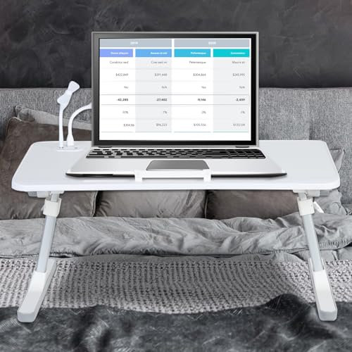 joukares Laptop Bed Tray Table, Adjustable Height & Angle Laptop Desk, Foldable Desk with Non-slip Design, USB Fan & Light, Laptop Tray for Sofa, Couch, Bed, And Home Office White