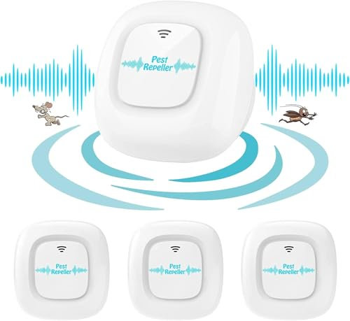 Répulsif Ultrason Anti Moustiques & Nuisibles - Appareil Électronique Silencieux Contre Moustiques, Mouches, Cafards, Souris, Araignées - Lot de 4 pour Maison (sans Produits Chimiques, Design Mini)