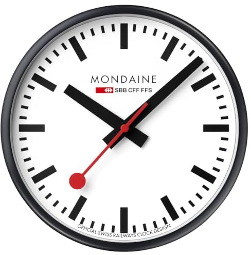 Mondaine Orologio ufficiale svizzero della stazione – Orologio da parete Ø 25 cm – Movimento al quarzo telaio in alluminio nero, vetro minerale temprato, design classico – A990.Clock.12SBB