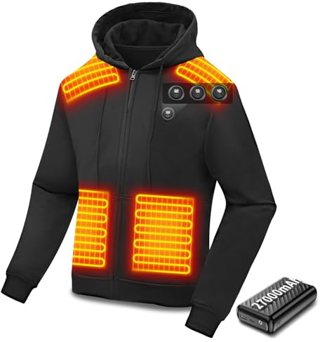 Wholede Sweat à Capuche Chauffante Veste pour Homme Femme, Sweat à Capuche Zippé Chauffage avec 7.4V 27000mAh Batterie, Électrique Veste Chaude pour Course à Pied, Pêche, Ski, Camping, Moto