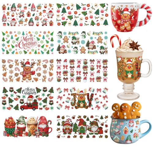 GOMAKERER 10 Sheets Christmas UV DTF Cup Wraps, Red Green Xmas Rub on Transfer Decals Santa Dwarf Deer Snowman Transfers Rub on Decals for Glass Cups Wood Crafts