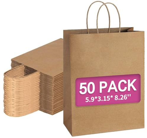Brown Paper Bags with Handles,Kraft Paper Bags,Paper Gift Bags for Shopping,Christmas,Easter,DIY Birthday Parties & Retail 50Pcs 8.26x5.9x3.15 inches