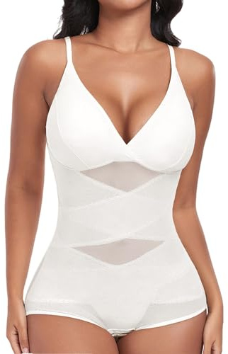 PASUDA Body Gainant Femme Ventre Plat Gaine Invisible Body Sculptant Gaine Amincissante Shapewear Bodysuit Minceur Corset Bustier Combinaison avec Soutien-Gorge Bretelles Réglable (Blanc, S)