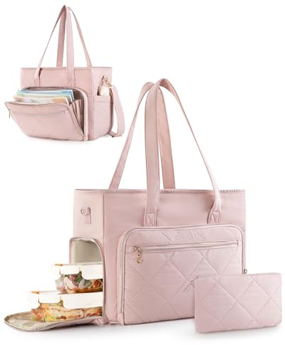 Marscamd Teacher Tote Bag with Lunch Compartment, File Organizer Pocket, 15.6 Laptop Compartment, Crossbody Strap, School Work Bag for Women - Pink