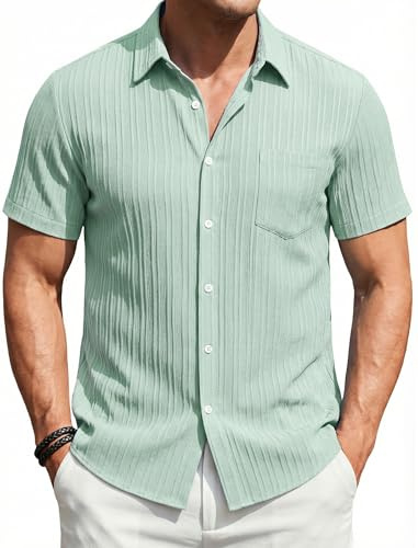 Enlision Camisa Hombre Verde Manga Corta Formales con Bolsillo Camisas Vestir Verano de Ocio Hombre Ajuste Regular L