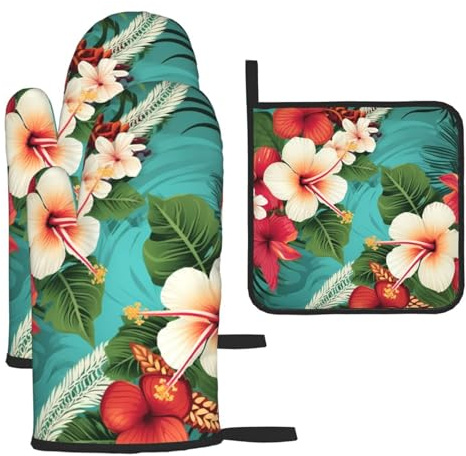 Gants de cuisine et maniques (lot de 3) résistants à la chaleur, motif fleurs hawaïennes sur fond vert. Gants de cuisine, maniques, gants de barbecue, gants de cuisine pour la cuisson, la pâtisserie e