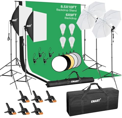 EMART 8.5 x 10 ft Backdrop Support System, Professional Photography Lighting Kit with 5500K 50W LED, 6 * 9ft Backdrop *3, Reflector,Umbrellas&Softbox Lighting Kit for Studio, Portrait, Video Shooting
