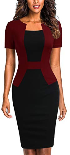 Mmondschein Women's Short Sleeve Colorblock Sheath Pencil Business Church Dress Burgundy S