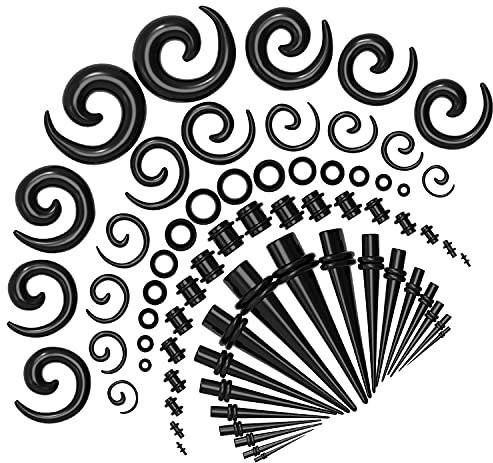 S-Mechanic 68 Stück Ohr-Stretching-Kit, 14G-00G Messgeräte Expander Kit Acrylkegel, Silikontunnel, Spiralkegel Piercing Schmuckset (Schwarz)
