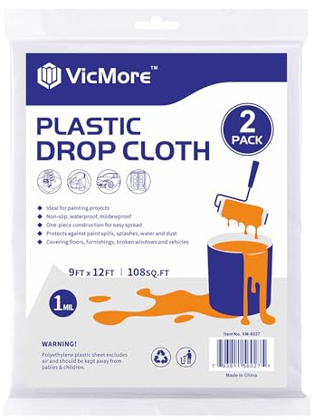 VicMore 2-Pack Plastic Drop Cloth 9x12 Feet - Waterproof and Clear Tarp for Painting, Furniture Protection, and Floor Covering - Durable Multipurpose Sheeting