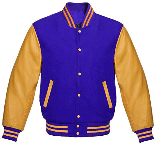 Fashion_First Giacca da uomo Varsity Bomber – Vintage College Baseball High School Nero Letterman Jacket – University Top, Blu reale e oro, L