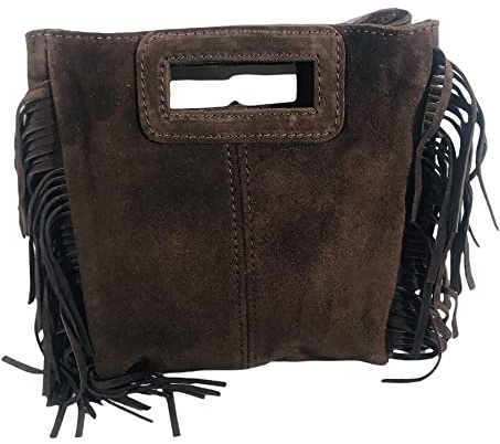 DHDB-Sac à Main Femmes Cuir Véritable Façon Daim à Franges Bandoulière Porté Epaule Italien Alba-Chocolat
