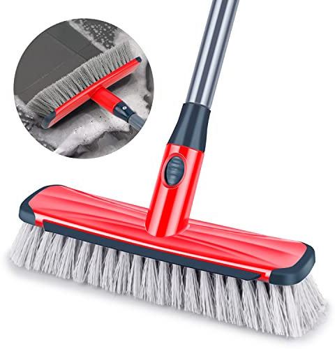 Floor Brush Sweeping Broom, Floor Scrubbing with Long Handle Adjustable 2 in 1 Scrape and Brush Stiff Bristle Cleaning for Deck, Bathroom, Kitchen, Tub, Patio, Tile