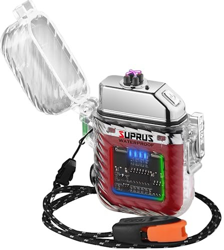 SUPRUS Accendino Elettrico 3 Modalità di Torcia Antivento Impermeabile Ricaricabile Dual Arc Plasma Con Fischietto di Emergenza e Cordino