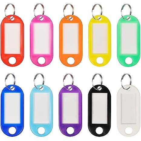 Simetufy 100 st plastnyckeltaggar med etiketter, nyckeletiketter med ring och etikettfönster, nyckeltaggar identifierare för namn, bagage 10 färger