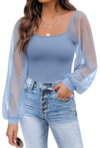 Timuspo Womens Shirts and Blouses UK Swiss Dot Long Sleeve T Shirt Ribbed Knit Summer Top Slim Fit Elegant Tops Blue XL