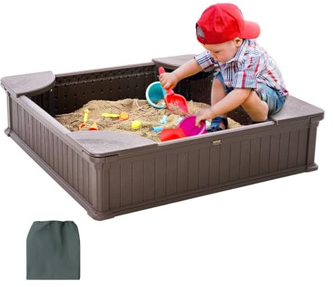 VEVOR Sandbox with Cover, 48.6x48.6x12.4 in Square Sand Box, HDPE Sand Pit with 4 Corner Seating and Bottom Liner, Kids Sandbox for Outdoor Backyard, Beach, Park, Gift for Boys Girls Ages 3-12, Brown