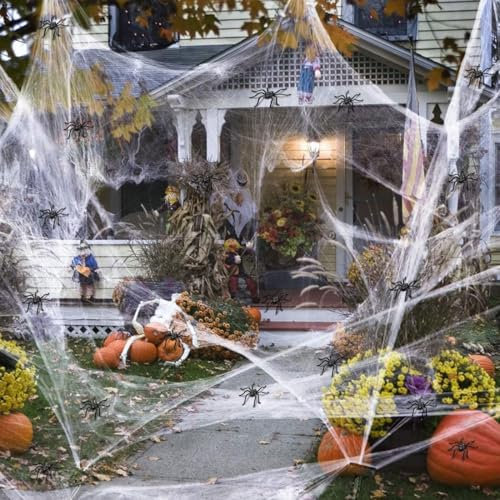 LUCYLEXIXI Halloween-Outdoor-Dekorationsset, dehnbar, 100 g, Halloween-Spinnennetz-Dekoration und 30 Stück realistische künstliche Spinnen, gruselige Halloween-Dekoration, Partyzubehör für drinnen und