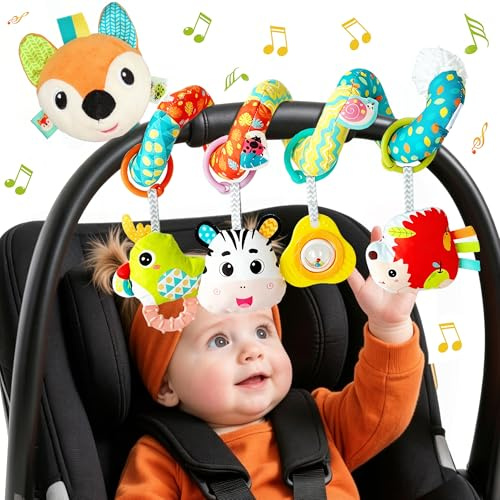 Kulveanju Spiral Pram Toys for Babies - Pushchair Stroller Car Seat Crib Toys for Baby Boys Girls 0 3 6 9 12 Months, Plush Activity Rattle Hanging Toy Sensory Gift for Newborn Infant, Fox