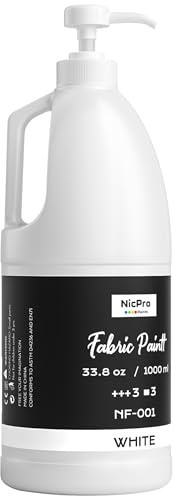 Nicpro White Fabric Paint with Pump, 33.8 fl oz (1000 ml) Fabric Paint for Clothes Permanent, Soft Rich Pigment Non-Toxic Textile Paint for Fabric DIY Crafts, T-shirts, Shoes Leather Jeans Bags Canvas