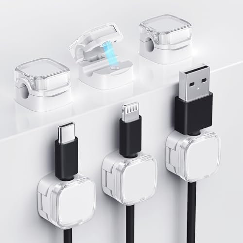 TiMOVO Magnetic Cable Clips,6 Pack Adhesive Cord Organizer for Desk Cable, Crystal Multi-color Wire Cord Holder,Phone USB Charger Cable Holder For Desk Car Nightstand,White
