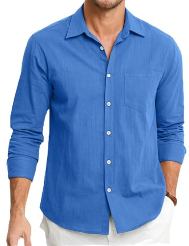 HISDERN Men's Blue Linen Shirt Long Sleeve Lightweight Button Up Regular Fit Casual Summer Shirts with Pocket XXL
