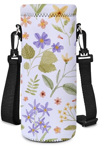 AUPET Water Bottle Sling Bag Carrier Crossbody Sleeve,Insulated Neoprene Bottle Case Holder Pouch Cover 500ML/17oz with Shoulder Strap for Walking Women Men (Pressed Flower Art)