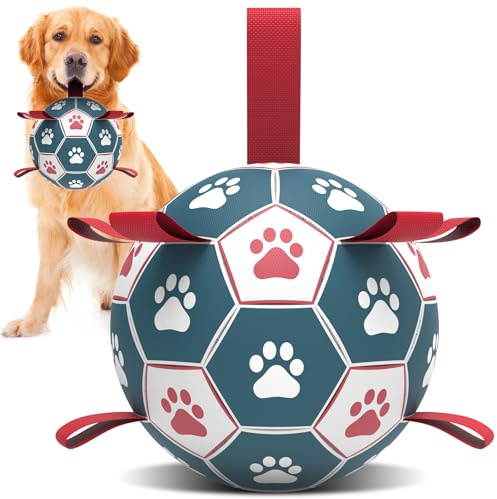 HETOO Dog Soccer Ball, Interactive Dog Toys for Tug of War, Water Toy, Durable Balls for Medium & Large Blue Red (8 inch)