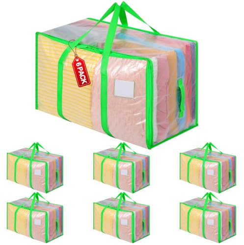 Dntorx 6 Pack 105L Moving Bags Clothes Storage Bags Drom Packing Box, Green | PP Woven Material, Clear Design, Strong Handles, 150lb Load, Label Window, For Clothes, Bedding, Toys, Moving and Storage