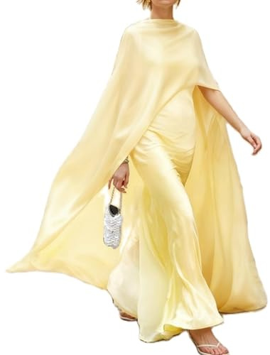 Owegvia Mantello lungo da donna in chiffon, mantello alto e basso, mantello in rete trasparente, poncho top fluido, capelets coprono, Giallo, Etichettalia unica