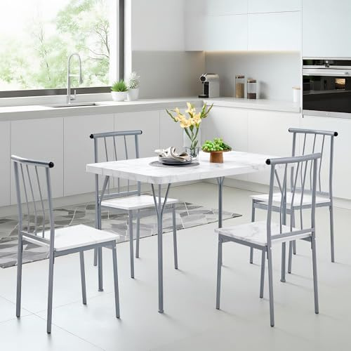 Yaheetech Matgrupper, matbord med 4 stolar, matsalsgrupp, rektangulärt köksbordsset med 4 cm tjock bordsskiva, set om 5 bordsgrupp för 4 personer, sittgrupp för köksbord, vitt