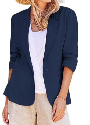Blazer Estivo In Lino Da Donna Leggero Elasticizzato con Maniche A 3/4 Arricciate Giacca Casual Da Lavoro con Tasche Cardigan Estivo per Ufficio Abbigliamento Quotidiano Outfit per Le Vacanze Blu Sc