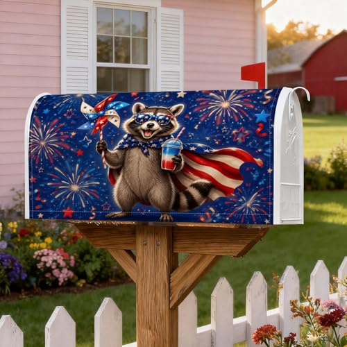 Coperture magnetiche per cassette postali con procione, motivo bandiera americana festosa e fantasiosa stampa fuochi d'artificio del 4 luglio, copertura per cassetta postale blu per decorazione del