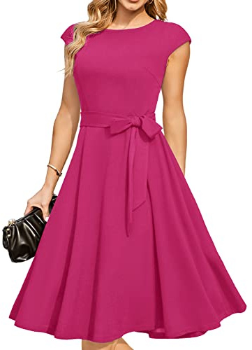 DRESSTELLS Cocktail Dresses, Formal Wedding Guest Dresses for Women 2024, Modest Summer Fit Flare Aline Vintage Homecoming Party Dress Fuchsia Hot Pink Rose L