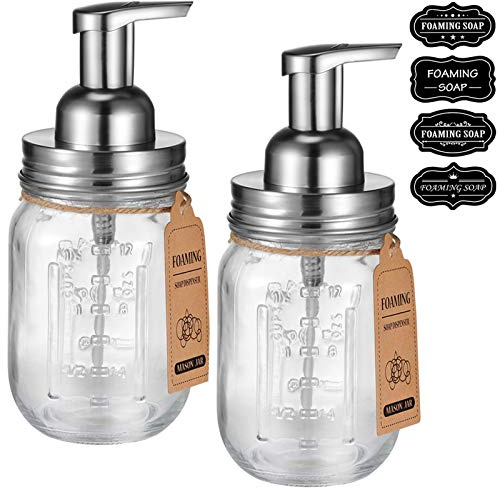 Mason Jar Dispensador de jabón espumoso con Tapa de Acero Inoxidable Resistente al óxidobomba de Espuma Libre de BPA, Etiquetas de Pizarra, Accesorios de baño de decoración para el hogar,