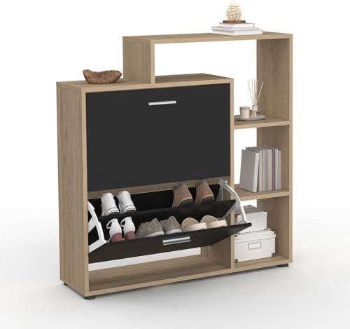 IDMarket - Meuble à chaussures 12 paires KLARK imitation hêtre 2 portes noires avec étagères