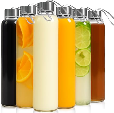 Epica glass bottles with lids – 18oz glass water bottles, reusable juice bottle with lids for storing juices, reusable water bottle durable set of 6 with Carrying Loop Caps