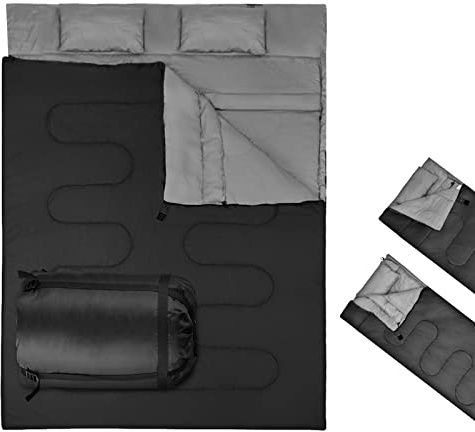 RELAX4LIFE Sac de Couchage 2 Personnes 150x220CM avec 2 Oreillers et Sac de Transport, Sac de Couchage Adulte 2 en 1 Détachable Imperméable pour Camping Randonnée Voyage(Noir)