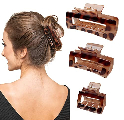 Kavya Pinzas para el pelo grandes, 3 unidades, cuadradas con estampado de leopardo, agarre fuerte, pinzas antideslizantes para el pelo, pinzas para el pelo para mujer, accesorios para el pelo largo y