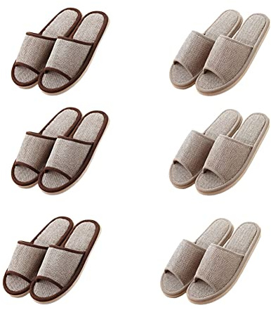 Teceyfeet Set di 6 paia di pantofole in lino, per ospiti, con punta aperta, pantofole da bagno, antiscivolo, lavabili, 3 paia beige 3 paia marrone S M L, 30/43 EU