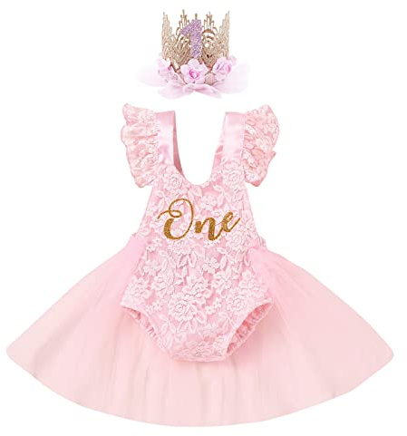 Bébé Filles Mon 1er Premier Anniversaire Robe Tutu Manches Volants Dentelle Barboteuse Photographie Tenue Bandeau à Couronne Cadeau