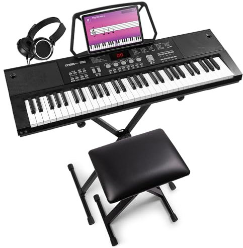 MAX KB15 - Keyboard Mit Ständer, Hocker, Mikrofon Und Kopfhörer, Piano Mit 61 Tasten Und Display, 8h Akku, LCD Display, 70 Songs, Für Anfänger, 26 Klangarten, 8 Percussion, USB-C