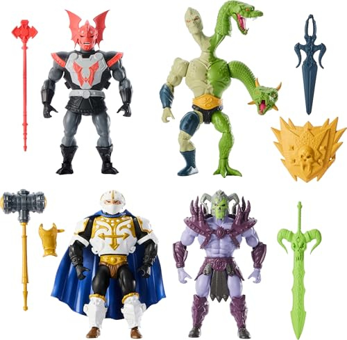 Masters of the Universe Origins Battle for Eternia - Juego de figuras de acción, 4 figuras, 14 cm, con accesorios