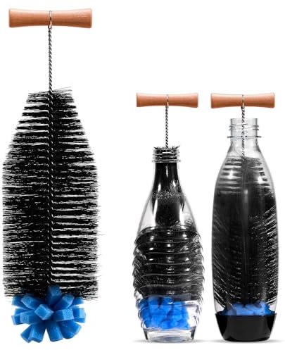vinlley Die 35 cm Bürste mit Ergonomischem Griff, Schwarzen Borsten & Blauem Schwamm – ideal für Sodastream-Glas- und Duo-Kunststoffflaschen. Reinigt Kraftvoll, ohne Beschädigungen.