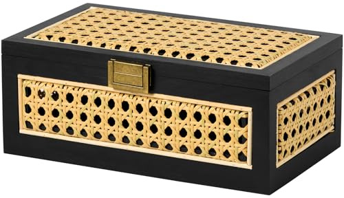 VinneGenzz Rattan Storage Boxes Decorative Handmade Natural Wood Baskets with Lid Wooden Frame Boho Rustic Wicker Box Stacking Woven Cane Bins Shelf Closet Desk Organizer Container (Black, Small)