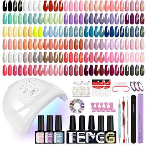 Phoenixy 55 Colours Gel Nail Polish Set, 60PCS Gel Nail Kits with U V Lamp | Soak Off Gel Polish Pink Purple Blue All Seasons Colours Gel Nail Polish with Base Top Coat Nails Kit Gift for Women