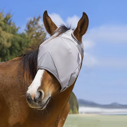 Raelitego Máscara de mosca de caballo, máscaras ajustables para caballos sin orejas, protección UV contra plagas de insectos, malla cómoda sin nariz, accesorios de caballos de tamaño medio (XS)