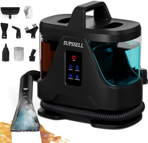 SUPSSELL Polsterreiniger Gerät, Nasssauger Waschsauger für Teppiche Dampfreiniger mit 16.000 Pa Saugkraft und 100 °C Heißdampf –Fleckenreiniger für Teppiche, Sofas, Polstermöbel, Autos–Tiefschwarz